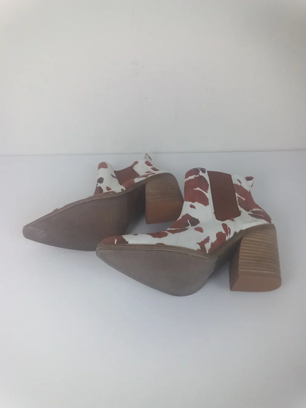 Barn Babe Cow-Print Western Ankle Boots Faux Suede White Brown Cowgirl